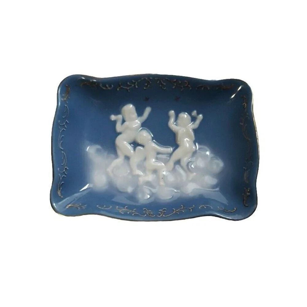 Ardalt Trinket Dish Blue White Cherubs Clouds Angels Gold Trim Japan Vintage